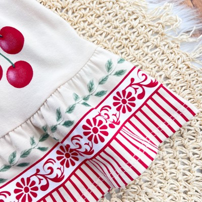 Vestido Cerejinhas com Passamanaria Floral - Areia e Vermelho
